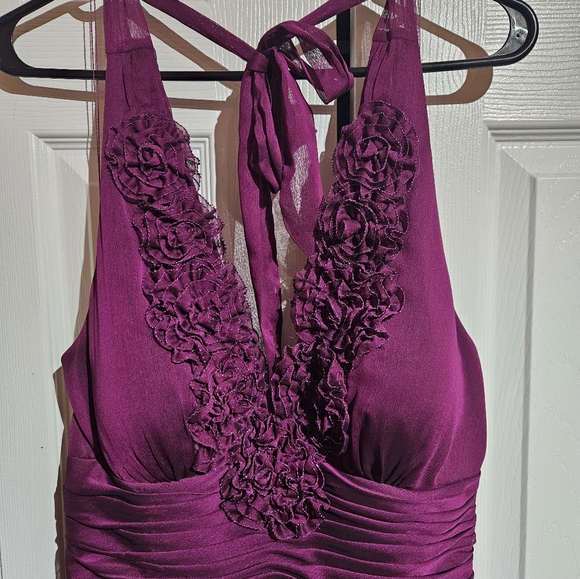 Halter Fitted Ruched Bridesmaid Dress | Adrianna Papell | Magenta/Purple - Picture 4 of 7